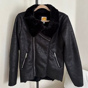 C&C California Faux Fur Leather Moto Aviator Coat Jacket in Black